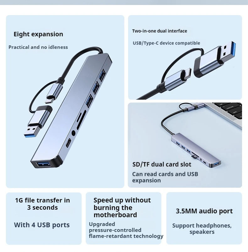 8 in 1 USB +Type C USB hub multi hub one to four Type C 3.0 splitter USB extension With For Laptop Tablet Macbook Air M1 iPad Pr