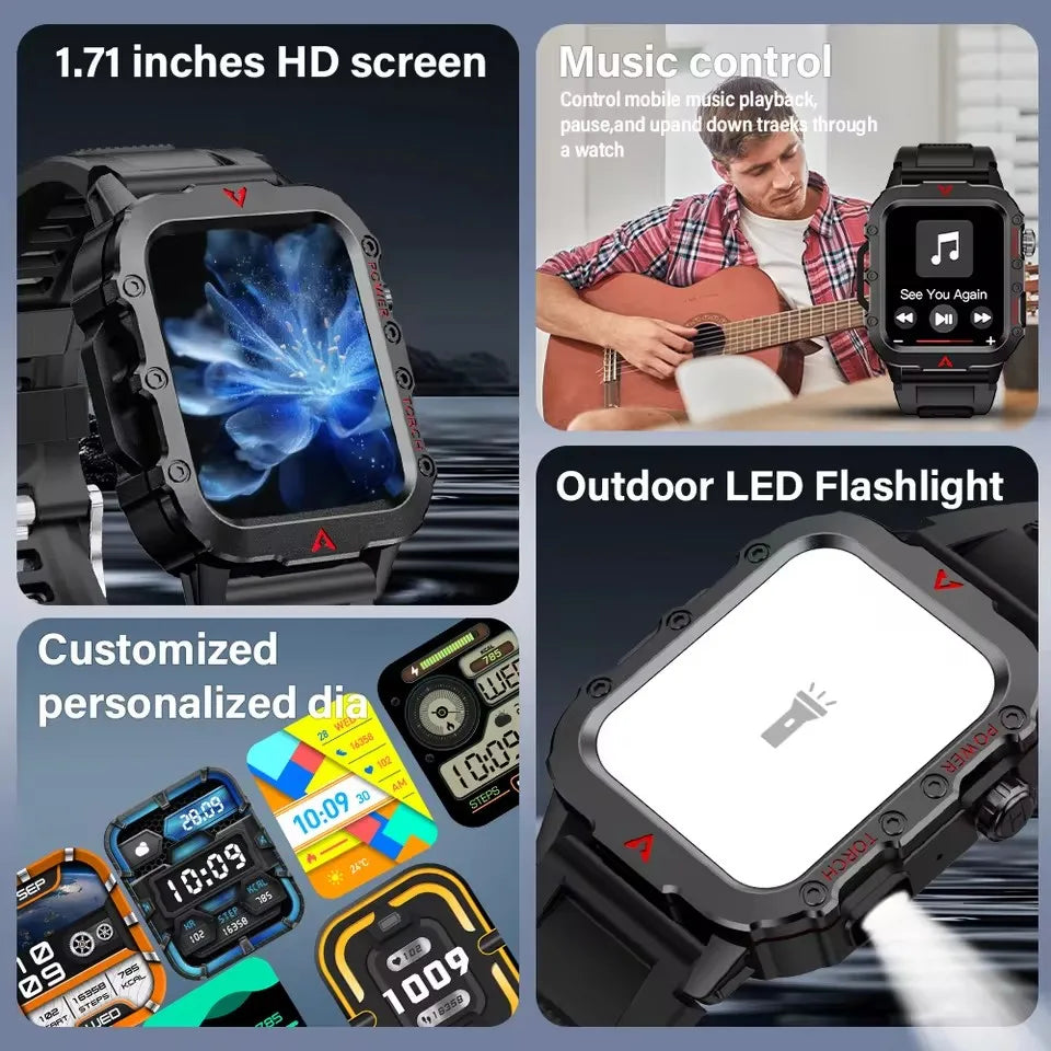 2025 New Men Sports Smart Watch 1.71 Screen Blood Oxygen Bluetooth Talking Watch Multi Sport LED Flashlight Outdoor Smart Watch