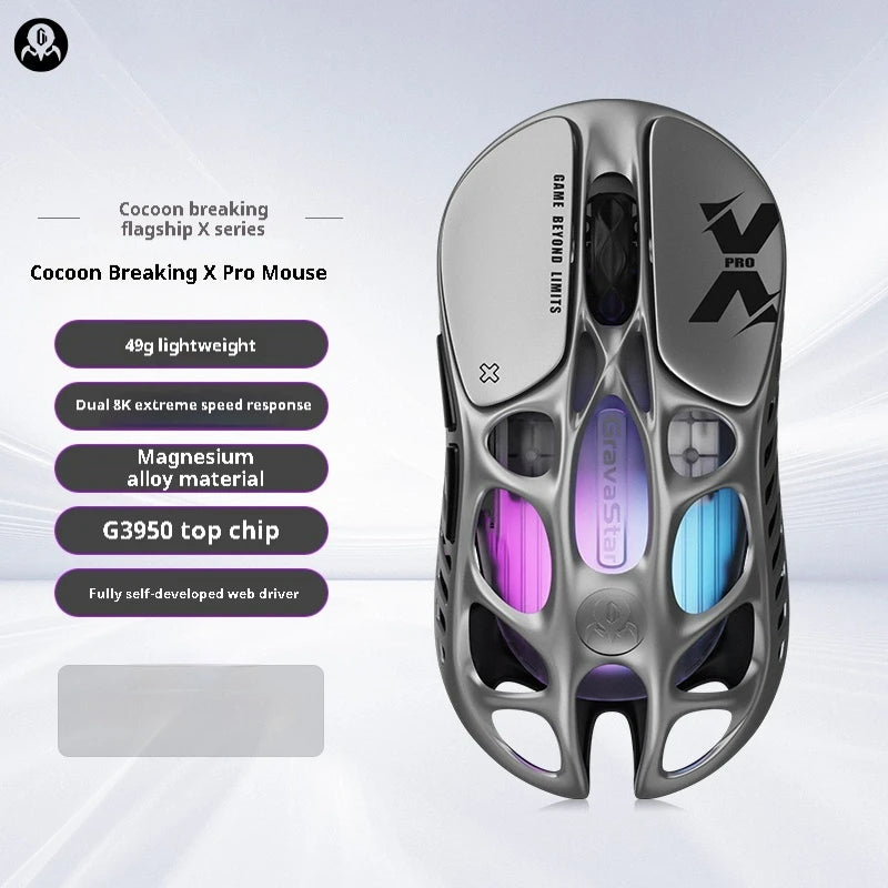 Gravastar Mercury X Pro Gaming Mouse E-sport PAW3950 Flagship Sensor Customized Magnesium Alloy Lightweight Design 8K Dongle