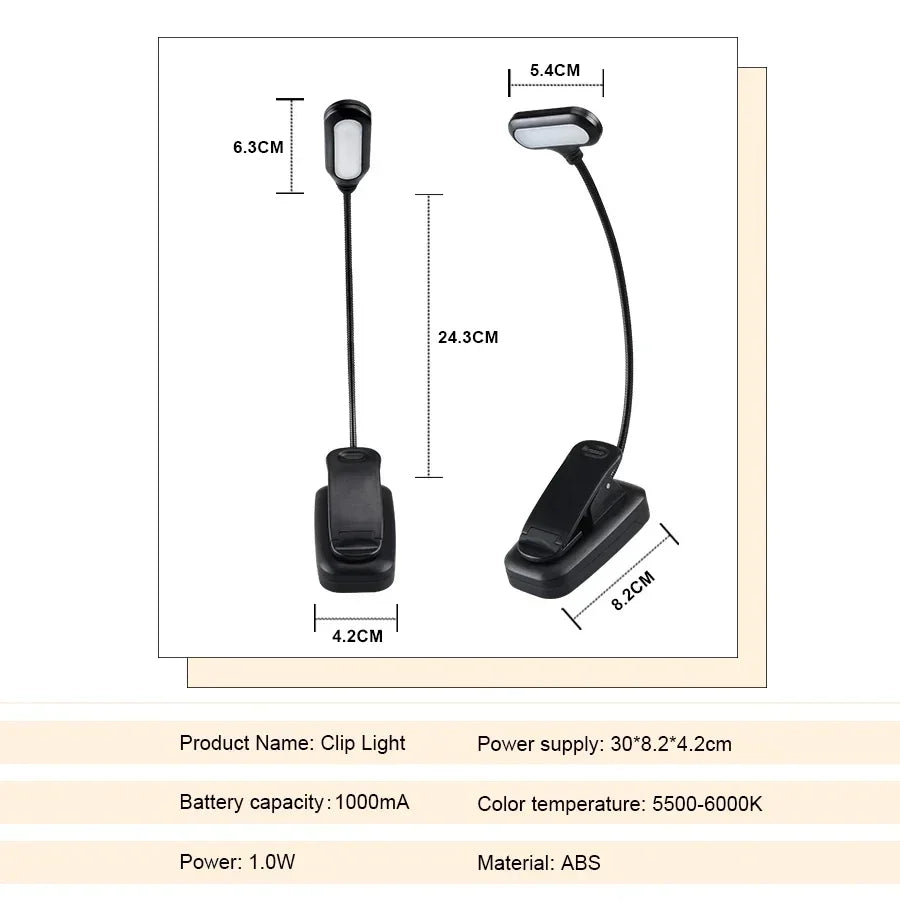 Mini Portable LED Book Light Eye Protection Reading Light Flexible Clip-On Desk Lamp Battery Powered Bedroom Study Night Light
