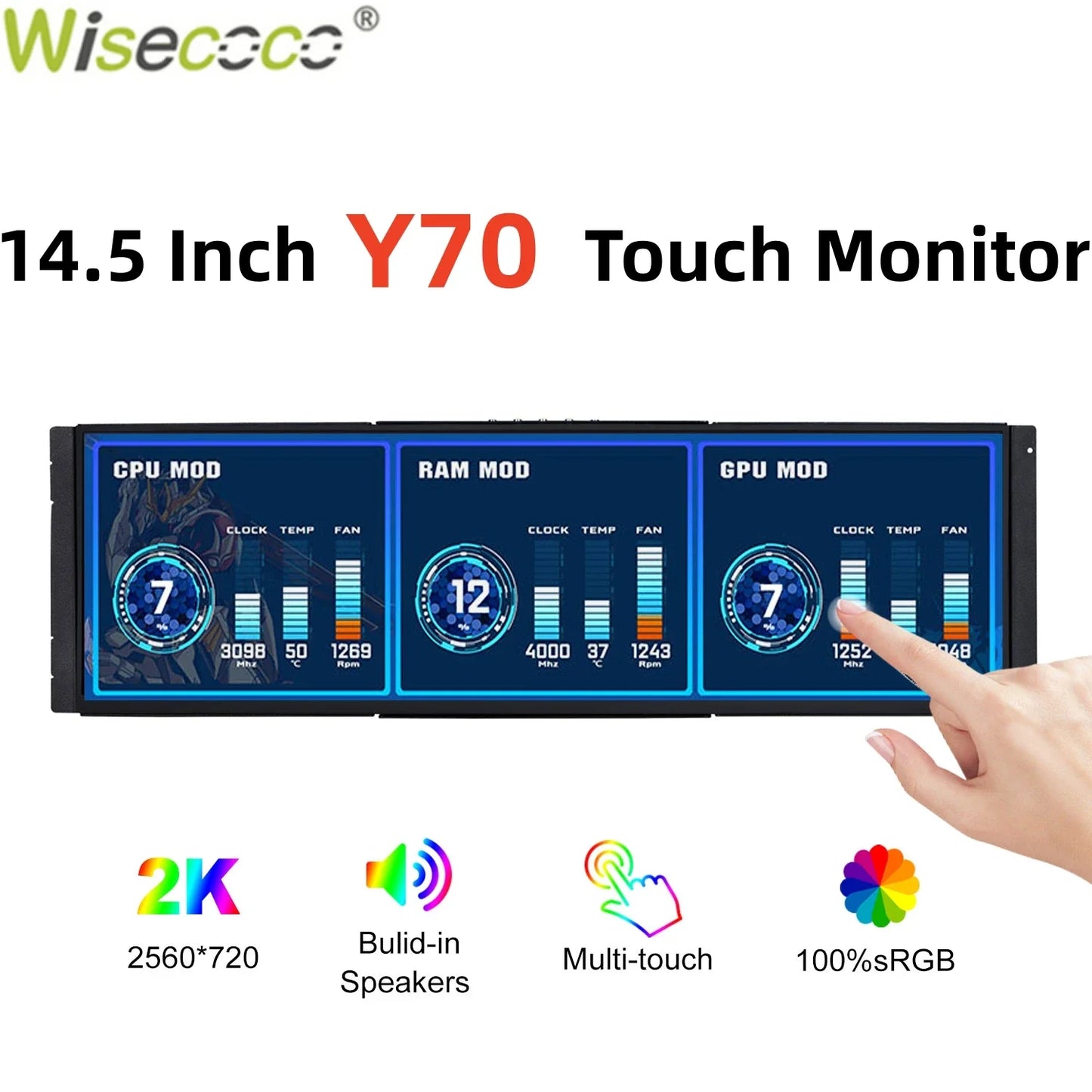 Wisecoco 12.6/14.5 Inch 2K IPS PC Laptop Gaming Touch Screen Monitor CPU GPU Temperature Monitoring Display for Y60/Y70 Case