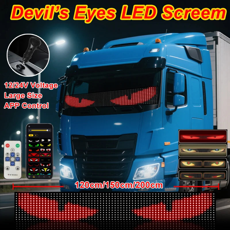 1.2-2M Devil Eyes LED Pixel Panel Light APP Control Soft Foldable Scrolling Animation Screen Board Truck Car Windshield 12-24V