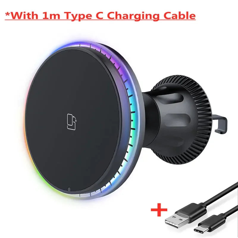 30W RGB Magnetic Car Wireless Charger For iPhone 12 13 14 15 Pro Max Macsafe Car Phone Holder Stand Mount Fast Charging Station