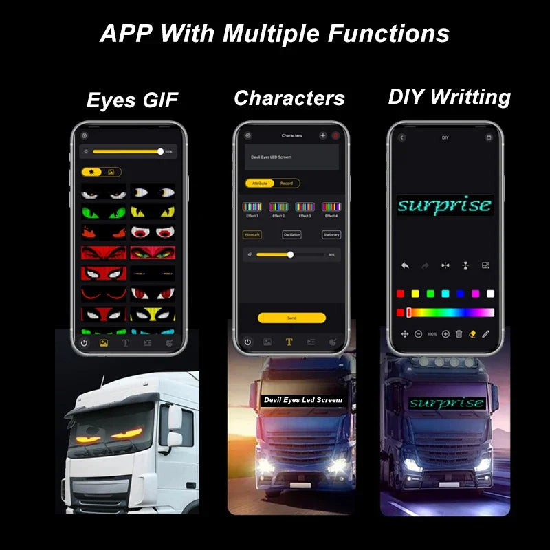 1.2-2M Devil Eyes LED Pixel Panel Light APP Control Soft Foldable Scrolling Animation Screen Board Truck Car Windshield 12-24V
