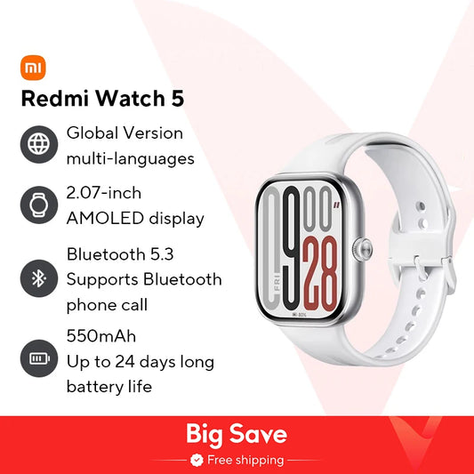Xiaomi Redmi Watch 5 Global Version 2.07" 60Hz AMOLED Screen Built-in GNSS Bluetooth Call 150+ Sports Modes 24 Days Battery Life