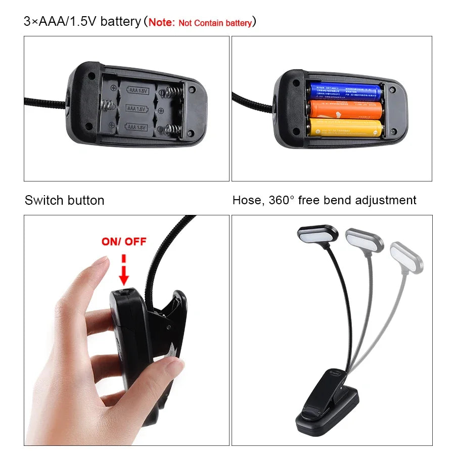 Mini Portable LED Book Light Eye Protection Reading Light Flexible Clip-On Desk Lamp Battery Powered Bedroom Study Night Light