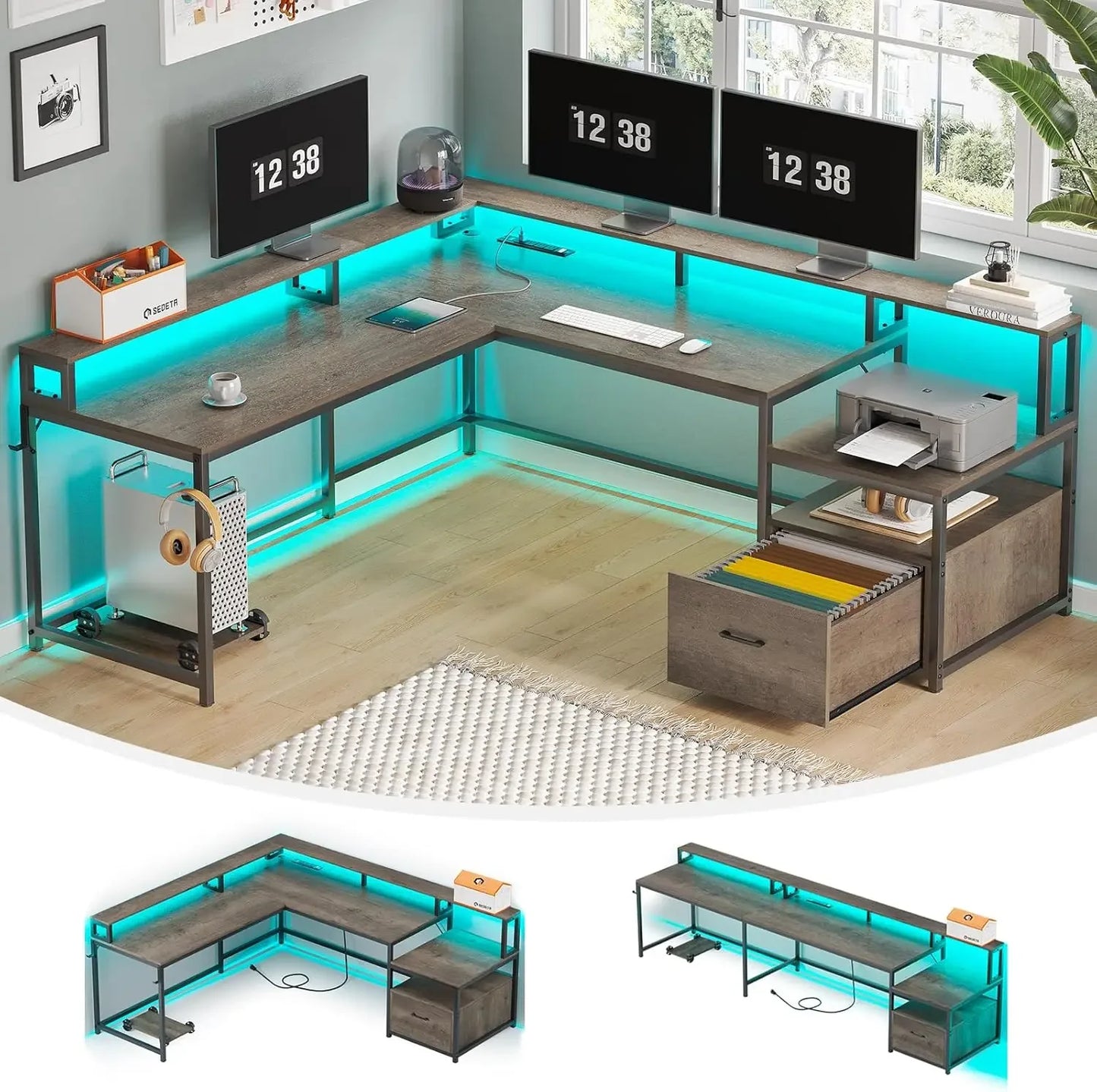 L Shaped Gaming Desk, 66" Home Office Desk with File Drawer & Power Outlet, Corner Gaming Computer Desk with Led Lights