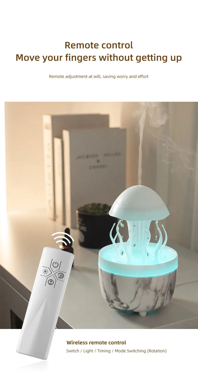Raindrop Humidifier Jellyfish Seaweed Shape Aromatherapy Diffuser 300ml with Remote Control Can be Timed for Bedroom Office