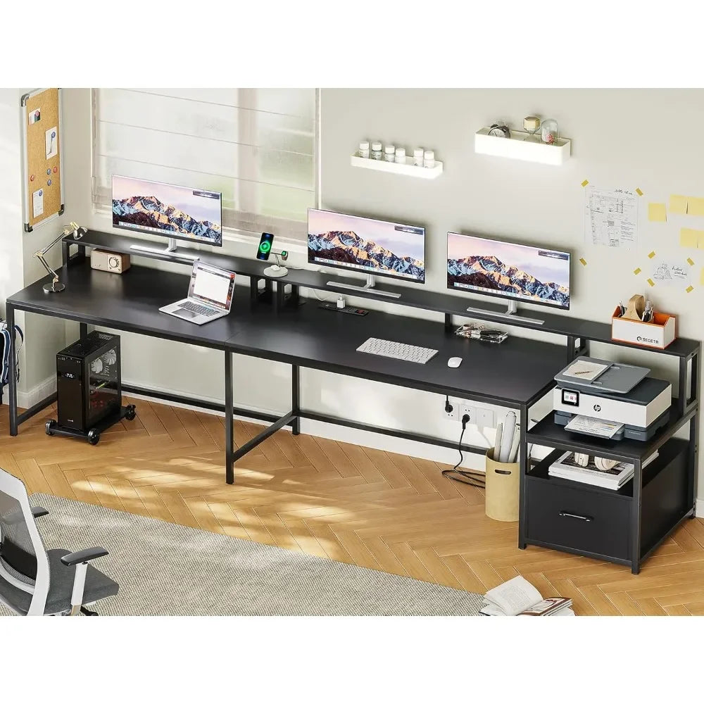 L Shaped Gaming Desk, 66" Home Office Desk with File Drawer & Power Outlet, Corner Gaming Computer Desk with Led Lights